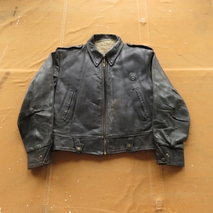 Medium 50s 60s Police Black Leather Jacket Cop Jacket State