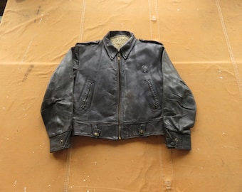 Medium 50s / 60s Police Black Leather Jacket / Cop Jacket State Patrol Highwayman Distressed 1950s 1960s Punk Jacket Lined