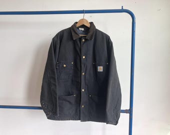 XL 90s Carhartt Black Chore Coat Jacket / Faded Blanket Lined Canvas