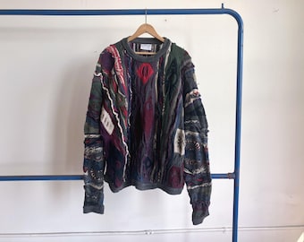 XL 80s / 90s Coogi 3D Knit Sweater / 1990s 1980s Striped Textured Green Red Purple