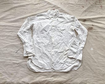 Large / XL 40s Men's White Cotton Dress Shirt / Pattern Imported White Cotton Pleated Pocket 1940s French Cuffs Gusset