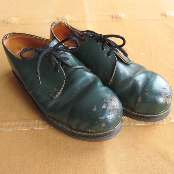 Men's US 11 / 11.5 90s Doc Marten Steel Toe Low Cut Shoes / Oxfords Green Leather Made in England 1990s Distressed Size UK 10