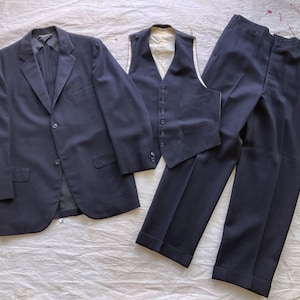 Size 42 50s Brooks Brothers Navy Blue Wool Twill Suit / 1950s 1960s Dark Blue Suit Jacket Vest Pants Makers Medium Large