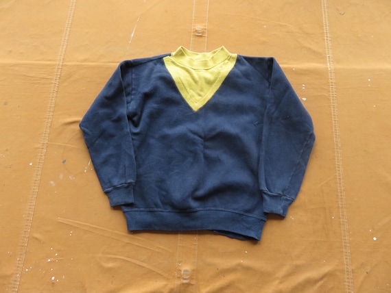 Small 60s Two Tone Mock Neck Sweatshirt / V Neck Yellow Blue 1960s 
