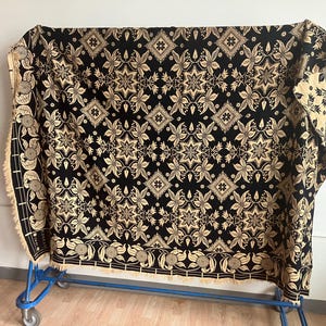 Antique 1800s Linsey-Woolsey Jacquard Coverlet Blanket / Blue White Hand Woven Overshot Coverlet Primitive American Weaving