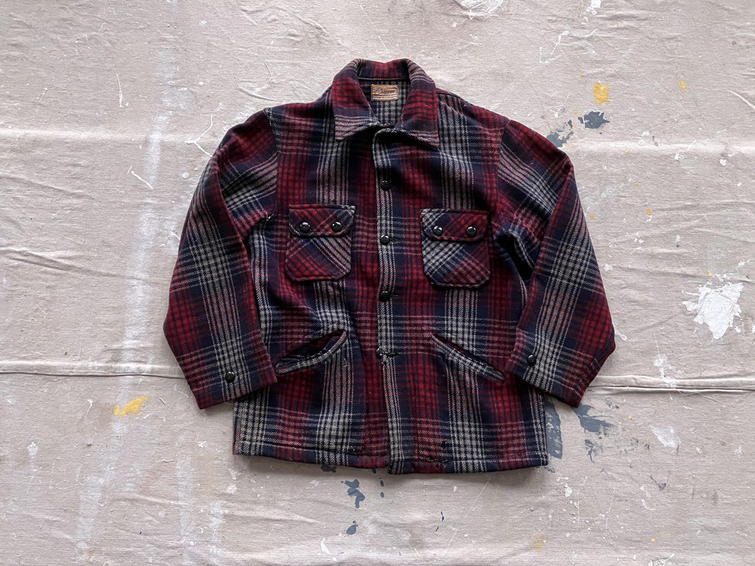 30s Chippewa Woolen Mills ハトメジッパー Large, Vintage 1950s Wool Grey and Red Chippewa Plaid Jacket