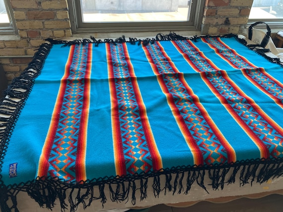 Vintage Pendleton Beaver State Shawl Blanket / Red Blue Wool