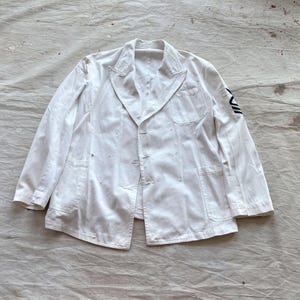 Mittel großer 40er Jahre US Navy Weißer Baumwoll-Zweireihiger Chore-Mantel / Porterjacke Weißer Baumwoll-Twill Arbeitshemd