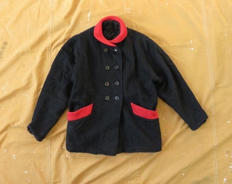 Medium 40s / 50s Women's Shawl Collar Wool Jacket / Black, Red, Double Breasted, 1950s 1940s, Pharaoh Car Coat Style, Flannel