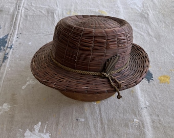 Antique 20s / 30s Italian Straw Men's Fedora Hat / 1920s 1930s Made in Italy Brown Wicket Straw Summer Full Brim Hat XS Small 6 6 7/8