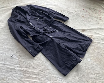 Medium 60s US Navy Black Trench Coat / Black Military Preppie 1960s Long Overcoat Belted