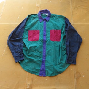 Large / XL 80s Women&#39;s Color Block Shirt / Solid Color Blocks 1980s 1990s Button Down