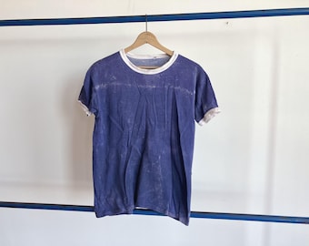 Medium 60s Durene Jersey T-shirt / 1960s Blue Ringer Rayon Cotton