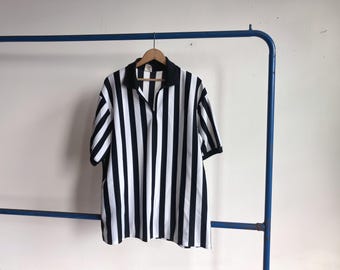 XL / XXL 90s Referee Black & White Striped Jersey / Quarter Zip Polyester Ref Soccer Shirt