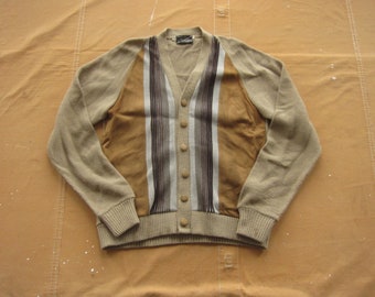 Small 60s Campus Suede Panel Cardigan / Striped, 1960s Brown Button Down Sweater Italian Knitwear