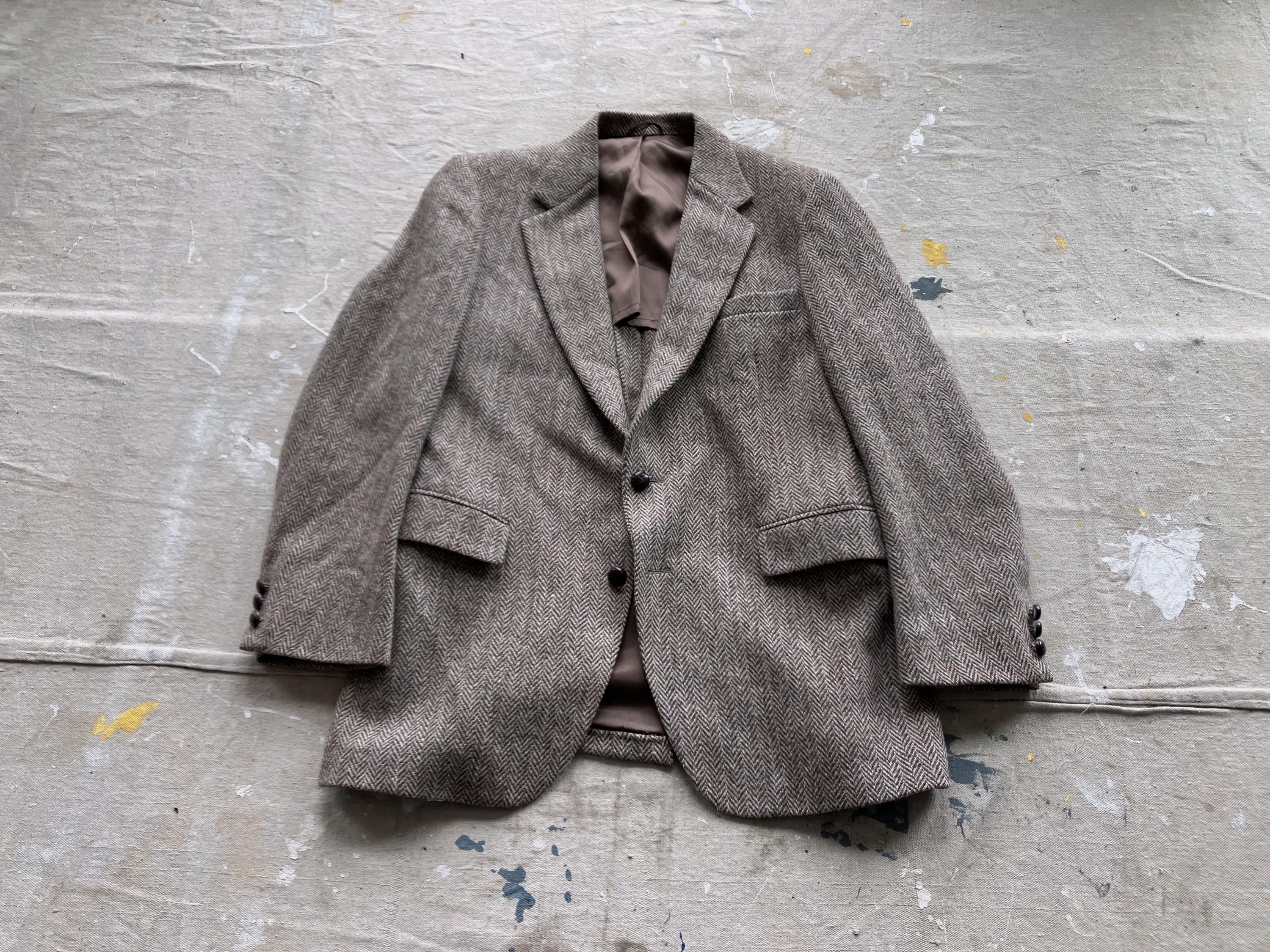 Size 38 80s Harris Tweed Sport Coat / Brown Fleck Tweed Herringbone 1980s Wool Jacket Stafford Small