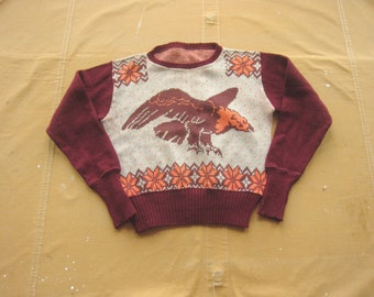 Small 50s Picture Knit Day Glo Wool Sweater / Eagle 1940s 1950s Novelty Print