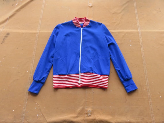 Small 60s / 70s Track Jacket / Blue Red White Zipper Zip 1960s 1970s Fun Fads Palm Springs