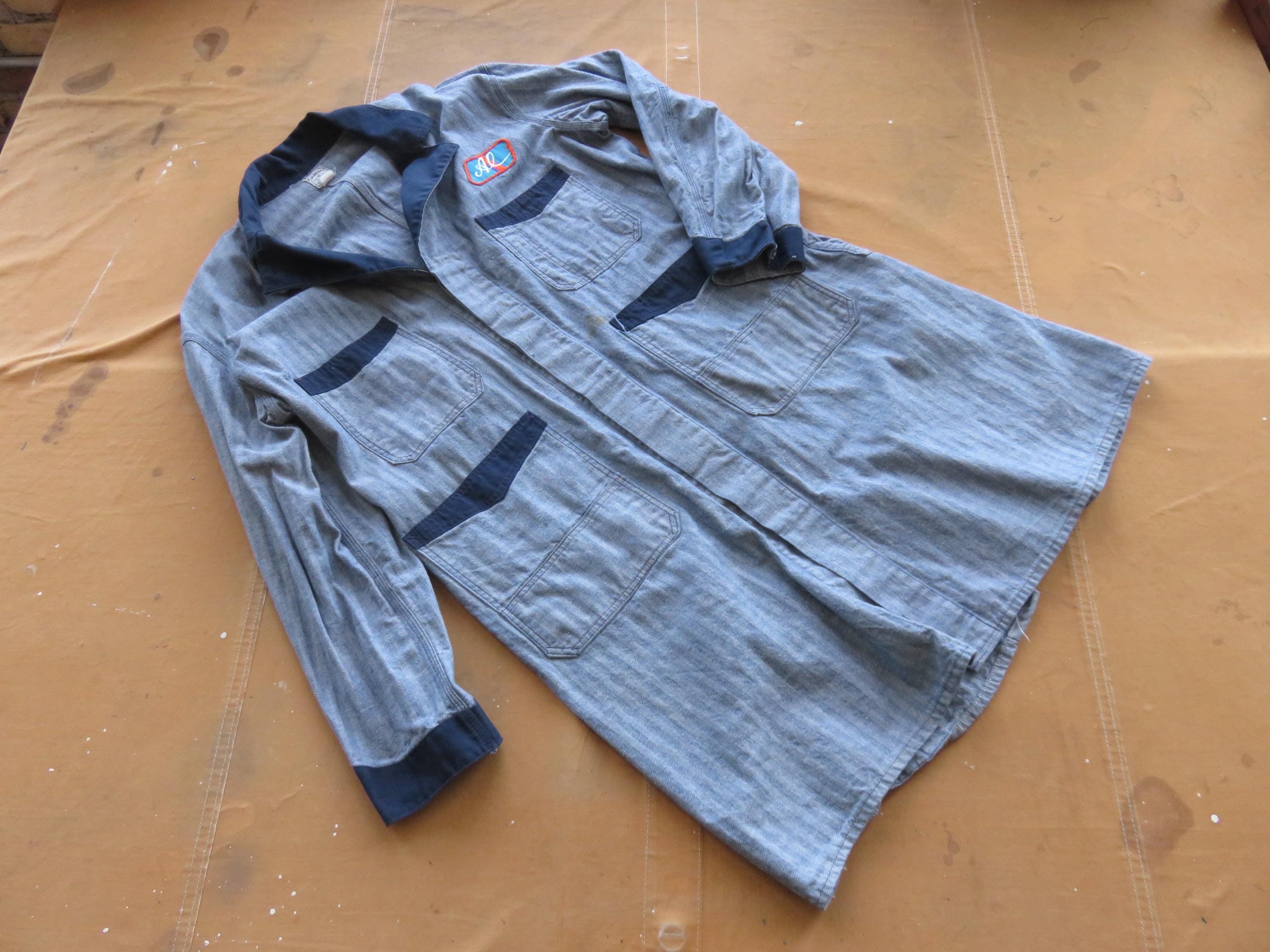 XXL 50s / 60s Herringbone Denim Shop Coat / Two Tone 1950s