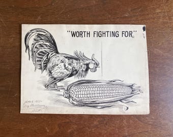 Antique 1920s Original Pen & Ink Advertising Drawing Rooster Chicken Corn Packaging Design