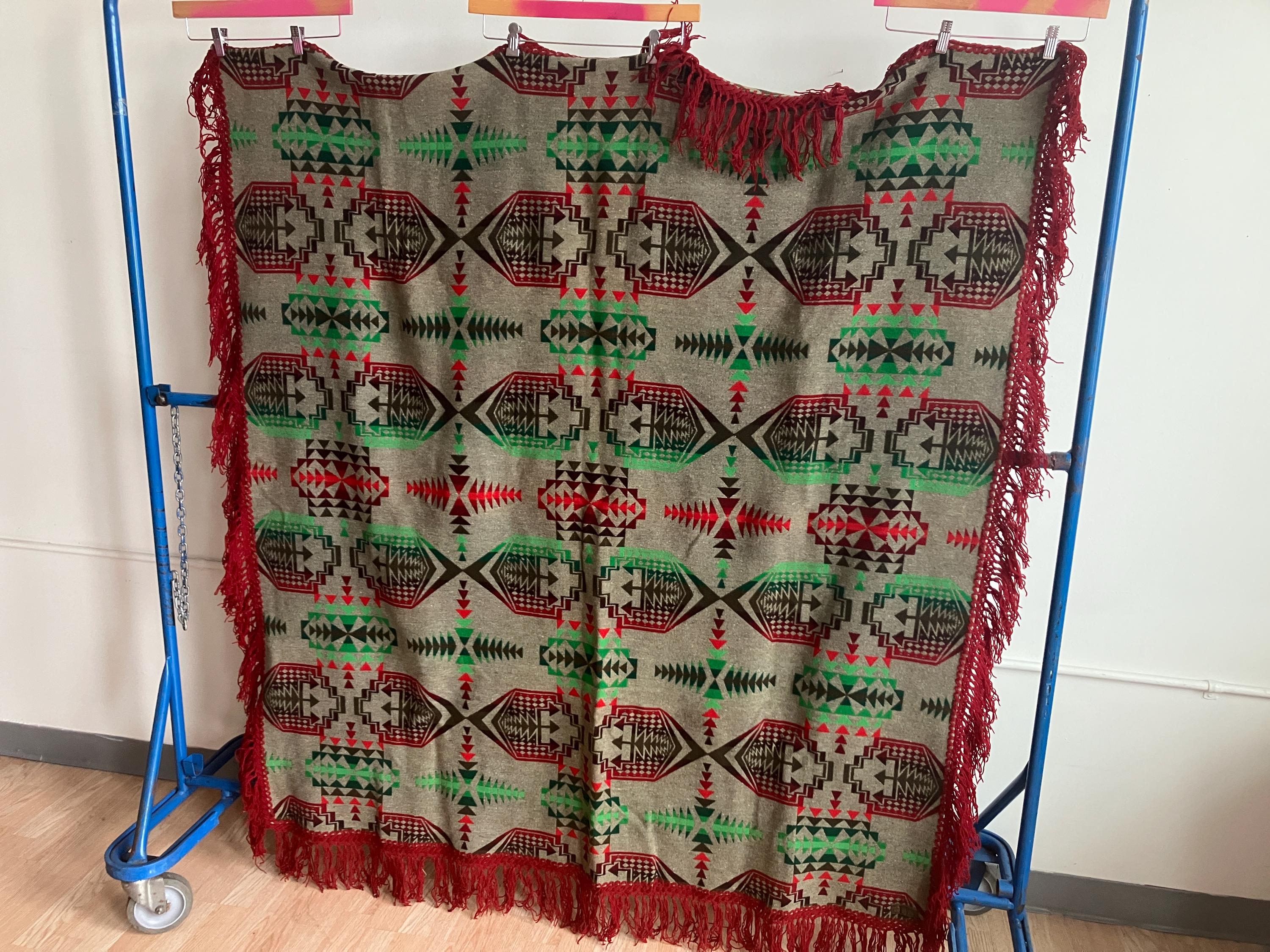 Antique Pendleton Beaver State Shawl Blanket / Red Green Gray Wool ...