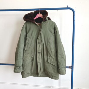May include: An olive green parka with a fur-lined hood hangs on a pink hanger. The jacket has a button-up front, two front pockets, and a dark brown fur lining the hood. The jacket is hanging on a blue metal rack.