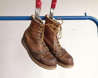 Men's 9.5 90s Round Toe Field Forest Work Boots / Brown Leather Made in USA