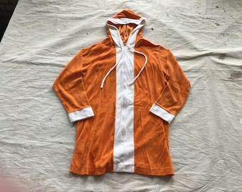 Small / Medium 60s Cotton Terry Cloth Beach Robe / 1960s Towel Terrycloth Texture Mod Orange White Beach Cover Up Swimwear