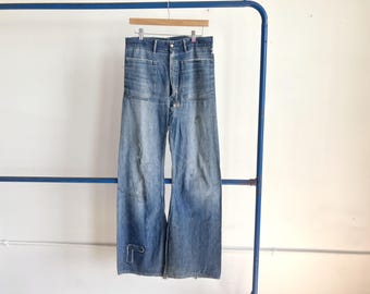 31 Waist 50s US Navy Denim Dungarees / Trashed Thrashed Patched Repaired 1950s
