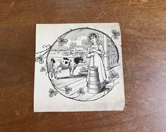 Antique 1920s Original Pen & Ink Advertising Drawing Milkmaid Cow Butter Packaging Design