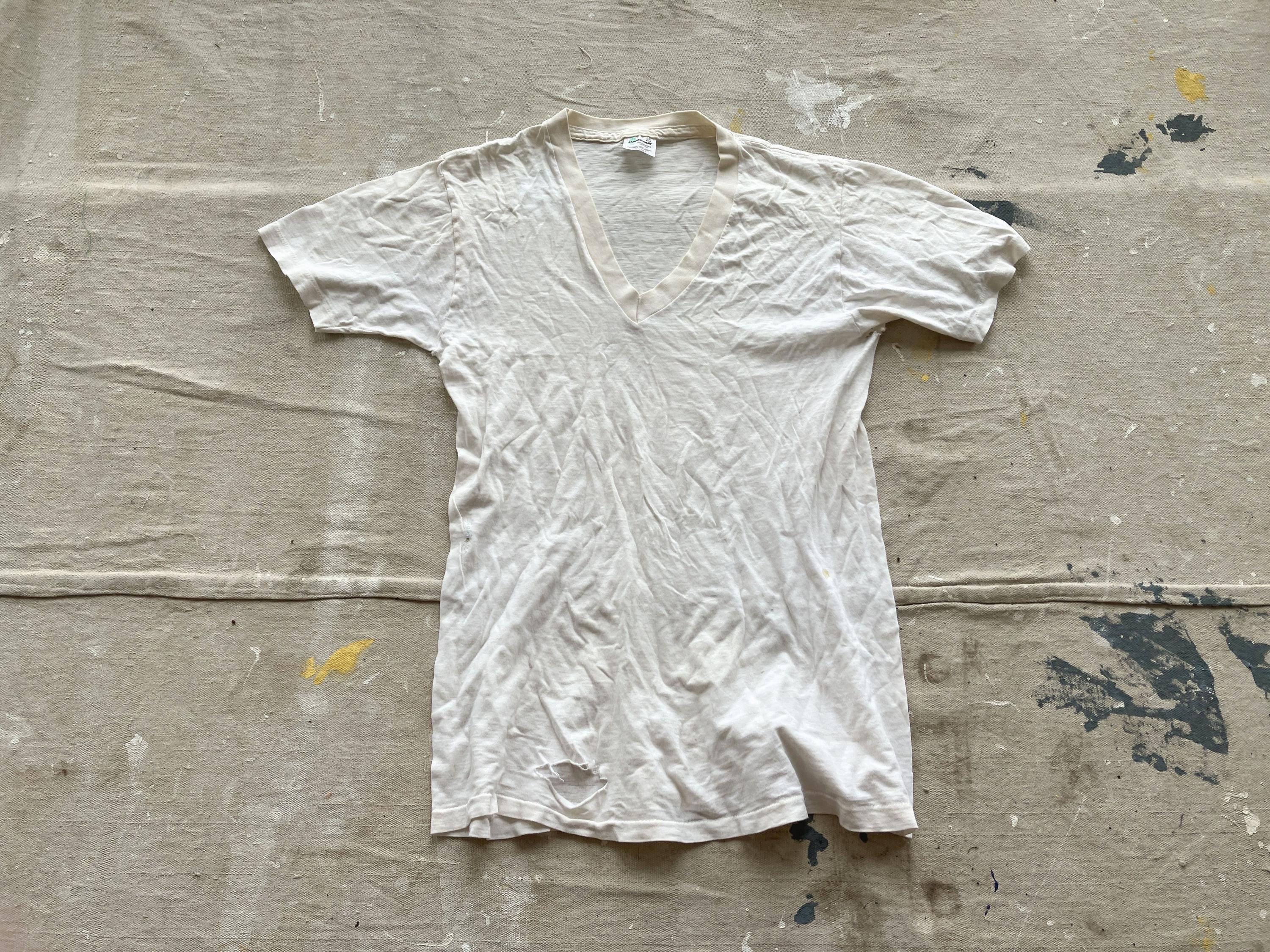 Small 80s Distressed White T-shirt / V-neck 100% Cotton Trashed