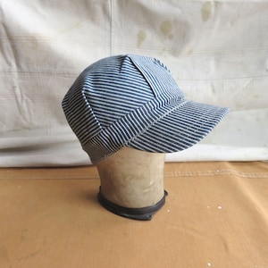 XS / Small 60s Denim Railroad Hat / Blue White Striped 1960s Railroad Conductor Engineer Cap