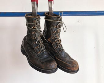 Men's 8 70s Moc Toe Work Boots / Green Leather Hiking 1970s 1960s