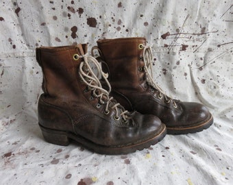 Men's 8 / 8.5 Carolina Logger Boots / Heeled Work Boots, Lineman Logging Boots Distressed