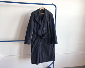 Large 90s US Army Black Trench Coat / Black Military 1990s Long Overcoat Belted