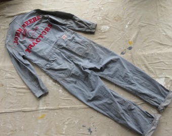 Medium 50s John Deere Coveralls / 1950s Protexall Chainstitch Embroidered Hickory Striped Farmer Coveralls
