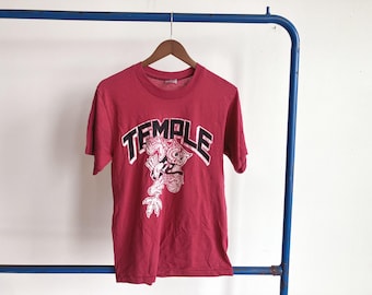 Medium / Large 80s Temple University Owls Basketball T-shirt / Faded Distressed Thin 1980s