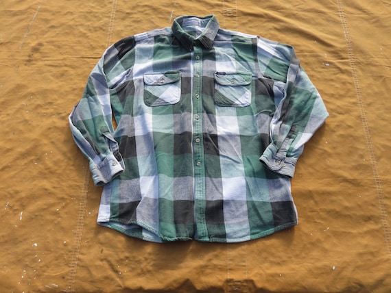 XL 80s Dickies Cotton Flannel Shirt / Green Black… - image 1