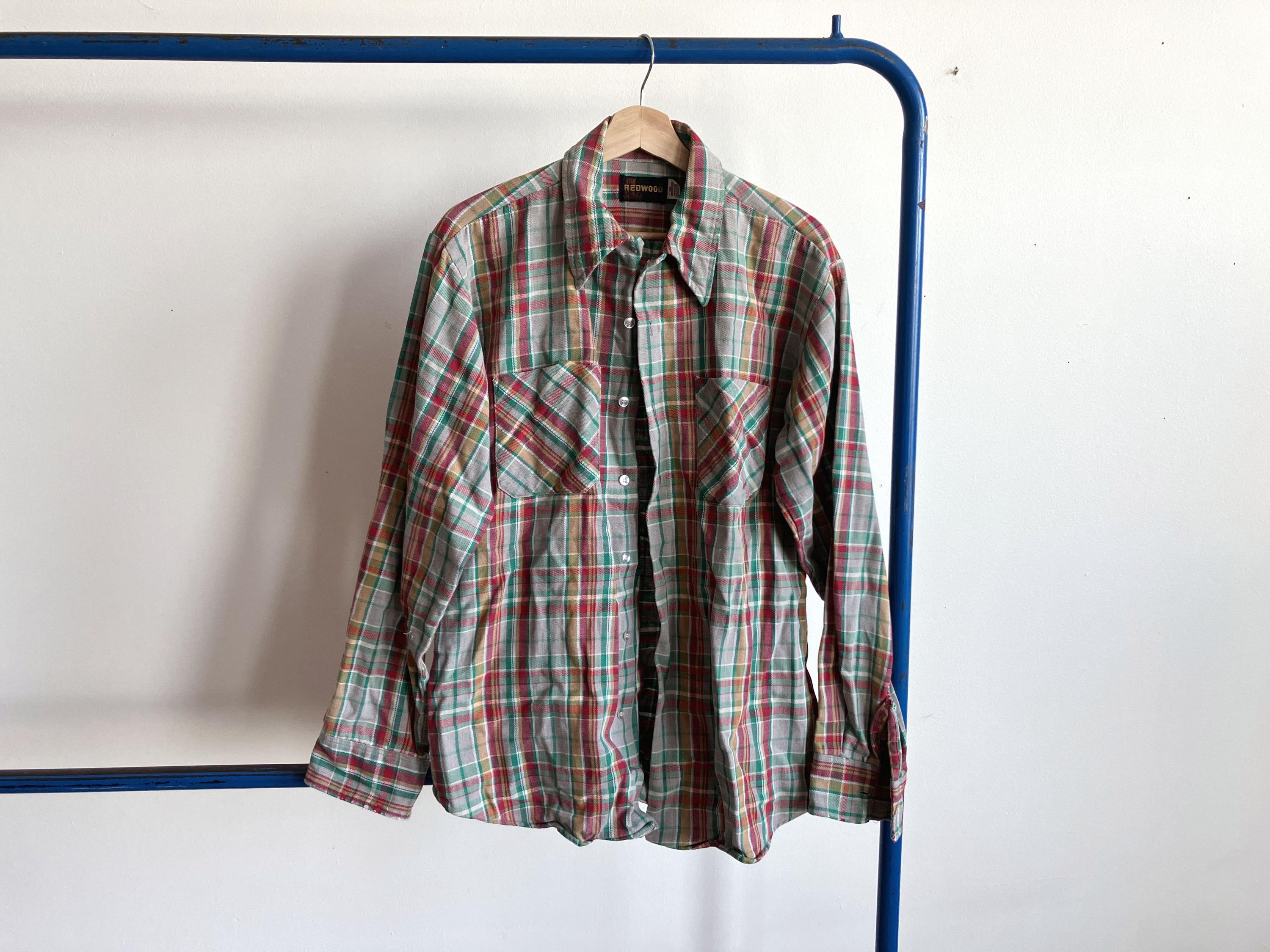 60s USA flannel open collared shirt 短丈 Vintage Open Collar