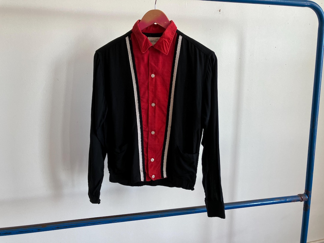 Small / Medium 50s Black & Red Rayon Shirt Jac / Penney's