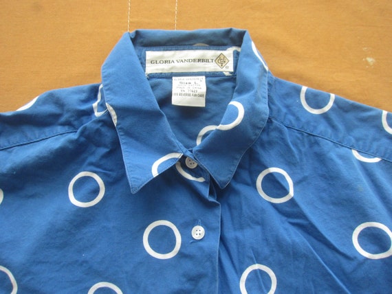 Large 90s Blue & White Polka Dot Cotton Shirt / S… - image 3