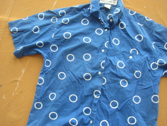 Large 90s Blue & White Polka Dot Cotton Shirt / S… - image 5