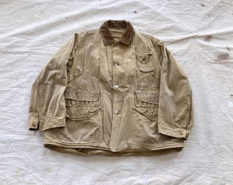 Giacca da caccia anni '50, taglia media/grande, in tela di anatra marrone rossa, stile Fishuntex, stile da lavoro, stile da fienile, sfilacciata e sbiadita, anni '40/'50, in popeline