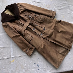 Medium 30s Shearling Barnstormer Coat / Brown Cotton Shell Shawl Collar 1930s Belted Antique Men&#39;s Winter Overcoat