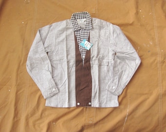 XS 50s Flannel Rockabilly Shirt / Deadstock, 1950s, Plaid, Cotton Flannel, Gaucho, Loop Collar