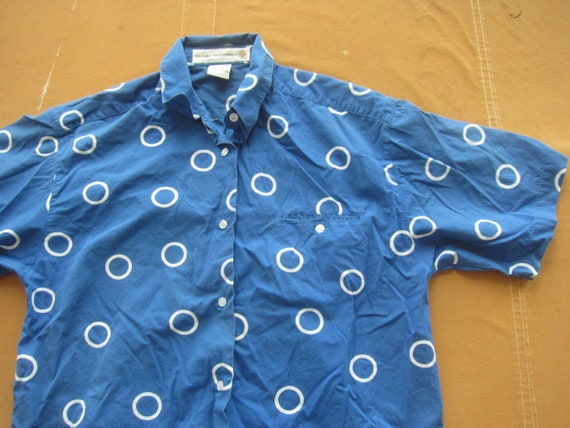 Large 90s Blue & White Polka Dot Cotton Shirt / S… - image 2