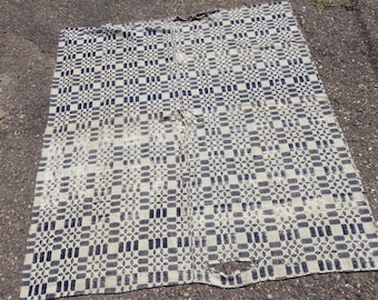 Antique Blue & White Linen Wool Coverlet / Hand Woven 1800s 1900s Linsey Woolsey Overshot Coverlet