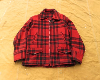 Medium 40s Black & Red Plaid Wool Hunting Jacket / Buffalo Plaid, Waldes Zipper, Flannel, Chin Strap, Mackinaw, Trashed Thrashed