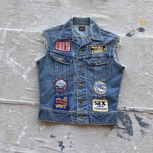 Kleine 60s / 70s Lee Patched Biker Jeans Weste / Cut Sleeves 1960s 1970s 101-J Trucker Denim Jeansjacke Hippie