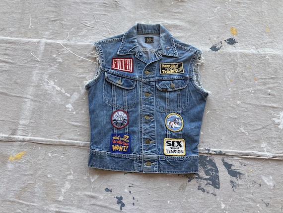 Small 60s / 70s Lee Patched Biker Denim Vest / Cu… - image 1